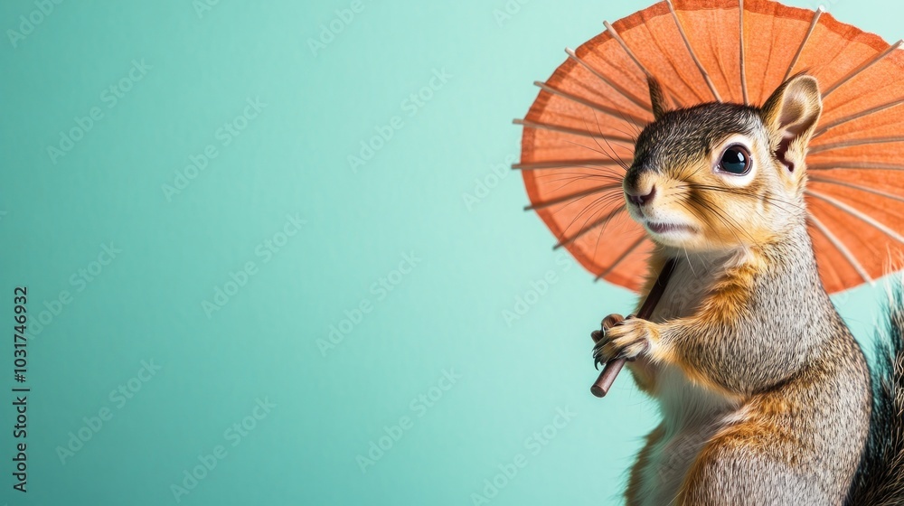 Poster A squirrel holding a small umbrella against a pastel background.