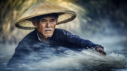 An elderly man in a conical hat works a fishing net in a tranquil river.