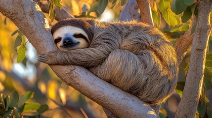 Fototapeta premium A sloth peacefully resting on a tree branch amidst lush foliage.
