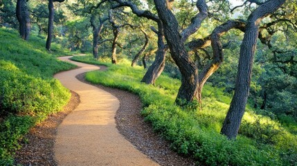 Naklejka premium A winding path through a sunlit forest with lush greenery and oak trees.