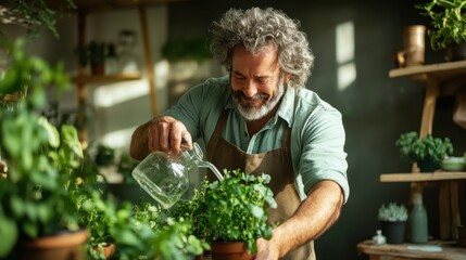 An older man with gray hair and a beard smiles warmly as he waters various lush green plants inside a sunlit room, creating a cozy and inviting atmosphere.