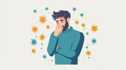 A man appears distressed, surrounded by virus illustrations, symbolizing health concerns.