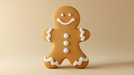 Fototapeta premium Minimalist 3D render of a gingerbread man with white icing details on a pastel cream background