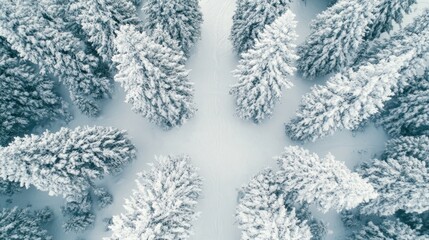 Aerial view of snow-covered trees creating a serene winter landscape.