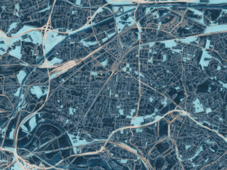 Painterly Style City Map of Oberhausen, Germany in a Blue Color Scheme.