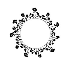 Round frame with black silhouette flowers on white background.