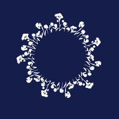 Round frame with white silhouette of flowers on dark blue background.