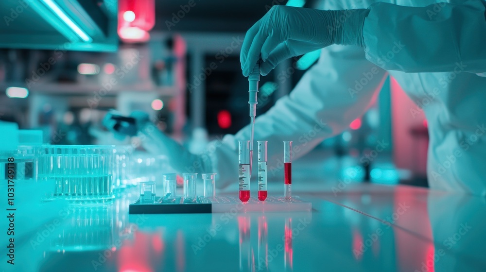 Poster Scientist in Lab Using Pipette and Test Tubes with Red Liquid