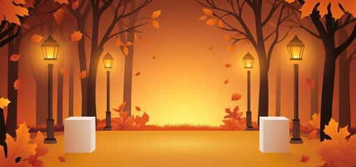 A serene autumn scene with lamp posts and falling leaves, ideal for backgrounds or designs.
