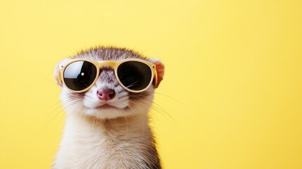 A ferret wearing sunglasses against a bright yellow background, exuding a fun, playful vibe.