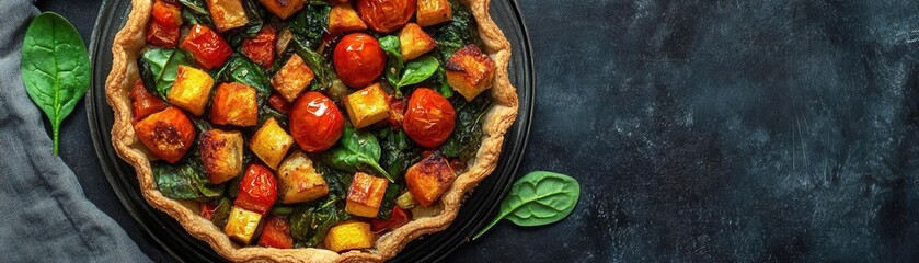 Vegan roasted vegetable tart with spinach and tomato, vegan food, savory plantbased pastry