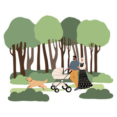 People enjoying leisurely strolls in the park with their dogs. Families, couples, and individuals interact with their happy pets, capturing delightful moments. Flat vector illustrations.