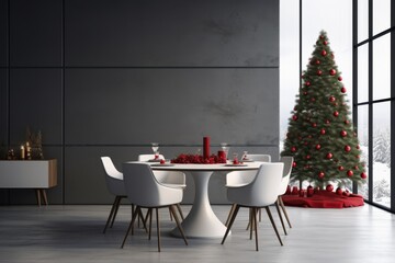 Elegant Dining Room Decorated for Christmas with a Snowy View