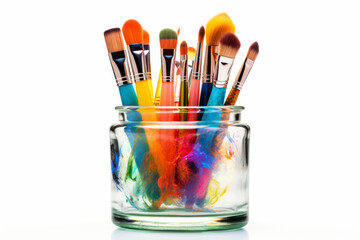 Naklejka premium Colorful Paint Brushes in Glass Jar Isolated on White Background