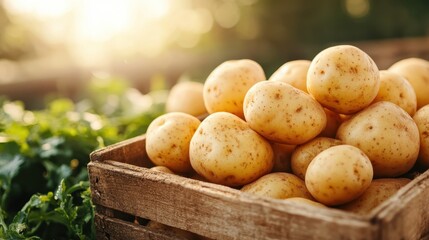 An assortment of freshly harvested potatoes sits within a rustic wooden crate, illuminated by the gentle morning sun, emphasizing their natural freshness and simplicity.