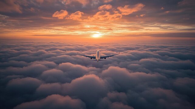 A plane flying into the horizon above a blanket of clouds, with a glowing sunset in the background, symbolizing adventure and the thrill of travel