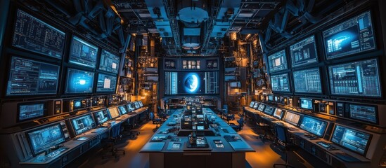 Fototapeta premium A large room filled with rows of desks and computers, all facing a large screen displaying a digital globe. 