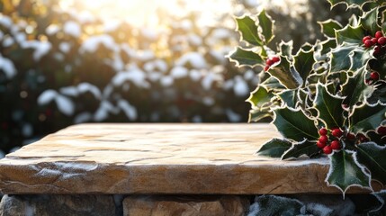 A snowy scene featuring holly leaves and berries on a stone surface, evoking winter vibes.