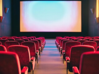 An empty movie theater with rows of red velvet chairs facing a large glowing screen, evoking the excitement of watching a film