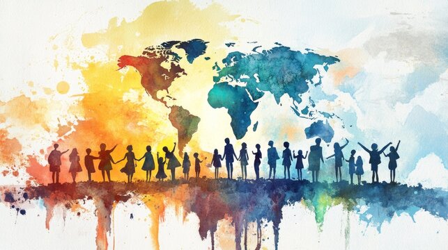 Watercolor Painting of People Uniting Across a World Map. World Humanitarian Day