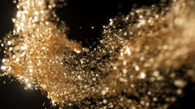 Slow-motion golden glitter backdrop with gold particles drifting gracefully against a dark background