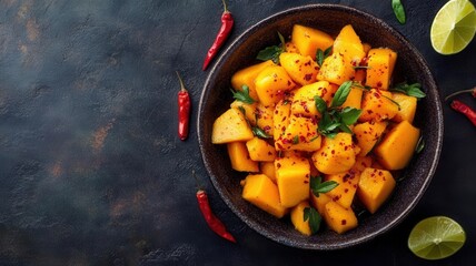 Bowl of fresh mango chunks with lime and chili powder, vegetarian snack, spicy and sweet tropical snack