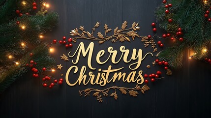 Elegant calligraphy of "Merry Christmas" in gold script surrounded by pine branches, red berries, and twinkling fairy lights on a dark wood background.