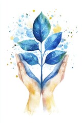 Fototapeta premium Watercolor Hands Holding a Green Plant Illustration