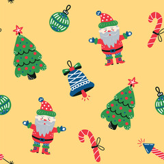 Seamless pattern with Santa Claus and Christmas tree on yellow background. Christmas and New Year. Vector illustration.
