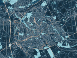 Painterly Style City Map of Paderborn, Germany in a Blue Color Scheme.