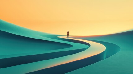 A lone figure stands on a surreal, winding path under a vibrant, golden sky, AI