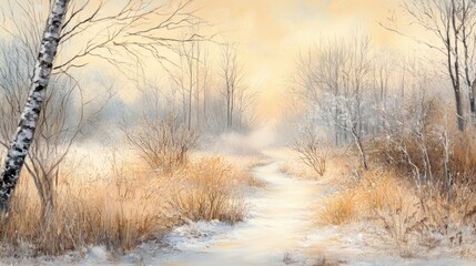 A serene winter landscape with snow-covered trees and a winding path through golden grasses.