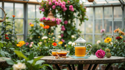 Fototapeta premium Elegant Afternoon Tea Setting in a Sunlit Garden Room