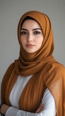 Naklejka premium Portrait of a confident woman wearing a brown hijab, looking directly at the camera, exuding elegance and grace against a neutral background.