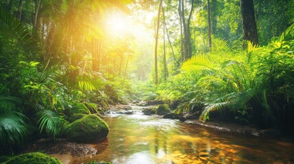 Obraz premium Lush forest with a serene stream illuminated by sunlight.
