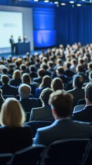  Abstract Gathering of a Large Audience at a Conference Stage with a Speaker Against a Blurred Blue Background, Capturing the Atmosphere of Engagement and Collaboration, Ideal for Advertising and Mark