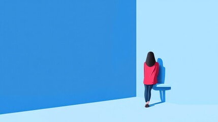 Obraz premium A solitary figure stands against a blue wall, evoking feelings of introspection and isolation.