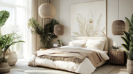 Elegant and Cozy Modern Bedroom Interior Design with Stylish Decor, mockup, poster and Background