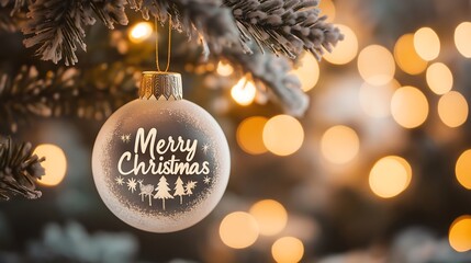 "Merry Christmas" engraved on a frosted glass ornament, hanging on a tree branch with blurred bokeh lights in the background.