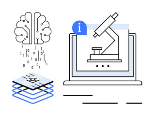 A digital brain with binary code, a layered microchip, and a laptop displaying a microscope. Ideal for technology, artificial intelligence, machine learning, digital science, and innovation themes