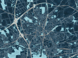 Painterly Style City Map of Recklinghausen, Germany in a Blue Color Scheme.