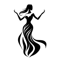 Silhouette of elegant woman in flowing dress, Black-and-white silhouette of an elegant woman with long hair wearing a flowing dress, showcasing grace and movement, isolated on white background.

