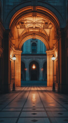 Illustration of an ancient building archway entrance with balanced composition, soft and warm light, and a sense of harmony and sacredness.