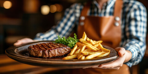 Girl in cowboy outfit serving steaks with fries. AI generative.