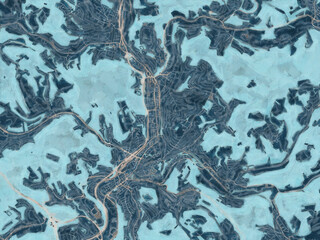 Painterly Style City Map of Siegen, Germany in a Blue Color Scheme.