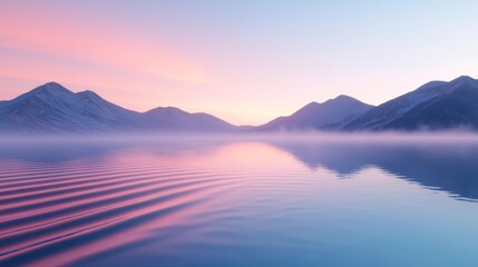 Obraz premium Serene mountain lake at dawn, mist rising from the water, crisp and cool morning air in a peaceful landscape