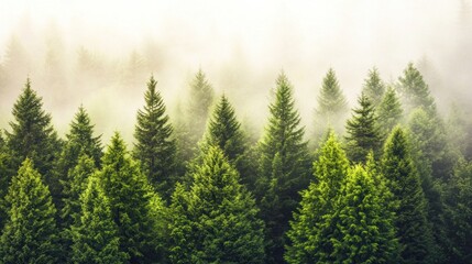 Misty forest landscape with evergreen trees, creating a serene and tranquil atmosphere.