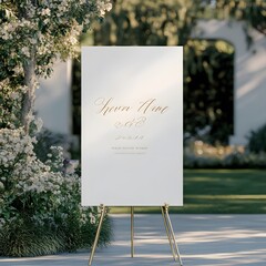 Elegant Wedding Welcome Sign: A romantic and elegant wedding welcome sign with calligraphy script in rose gold on a white background, perfect for a garden ceremony or outdoor reception.
