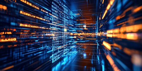 Glowing blue and orange data streams in a digital environment