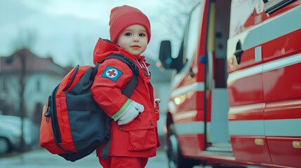 Obraz premium Child Paramedic in Red Uniform Ready to Provide Emergency Care